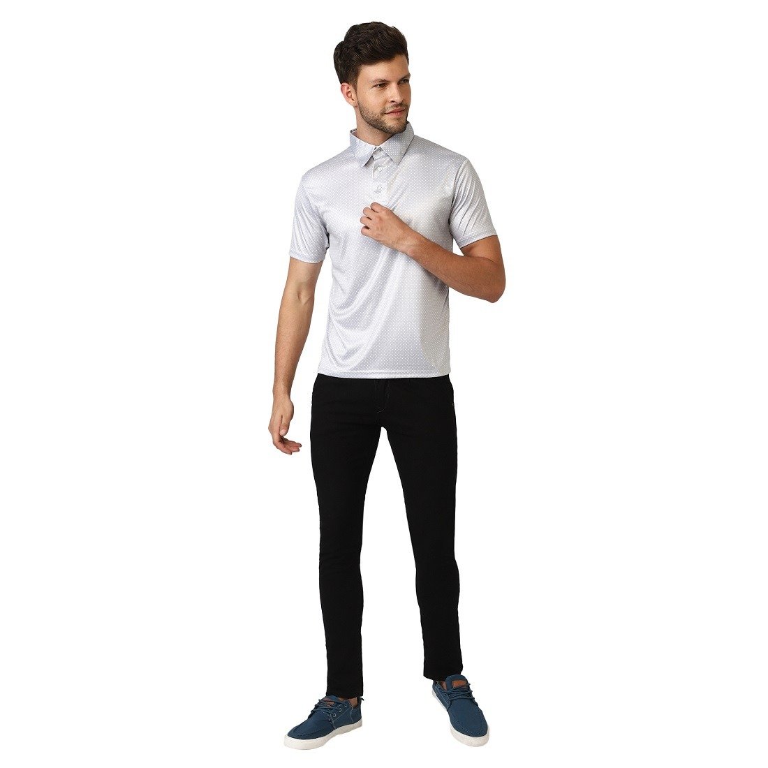 Men's Polka Dots Printed Tshirts Grey | Polyester Collar T-Shirt for Men
