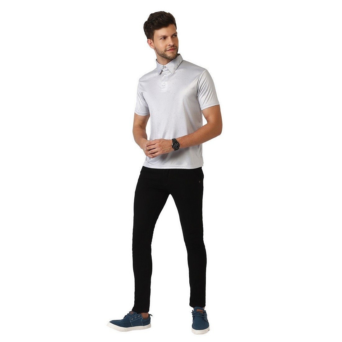 Men's Polka Dots Printed Tshirts Grey | Polyester Collar T-Shirt for Men