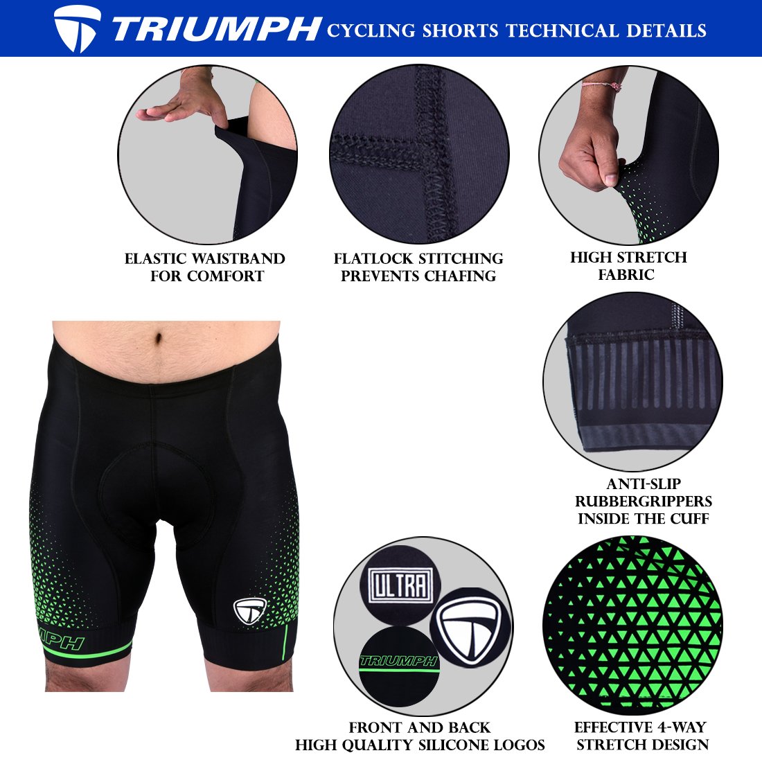 Mens Gel Tech Padded Cycling Shorts Ultra Cycling Half Tights Black Green