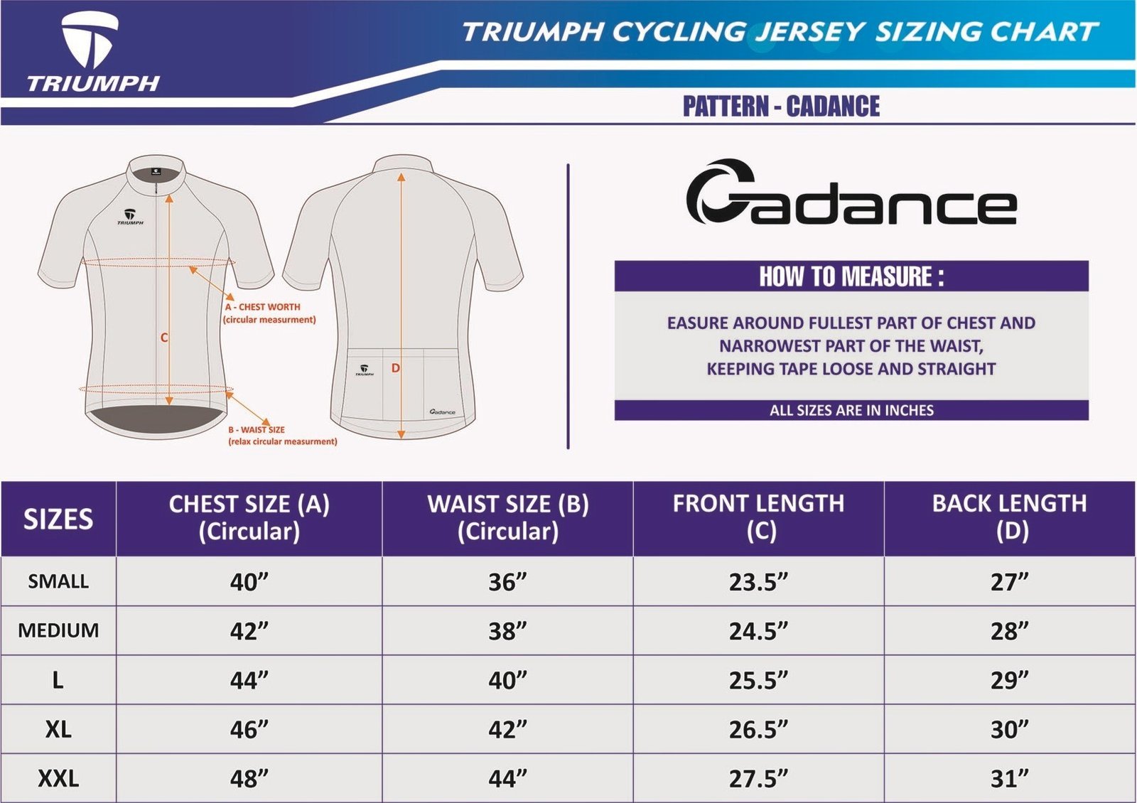 Triumph Cadance Cycling Jersey Size Chart